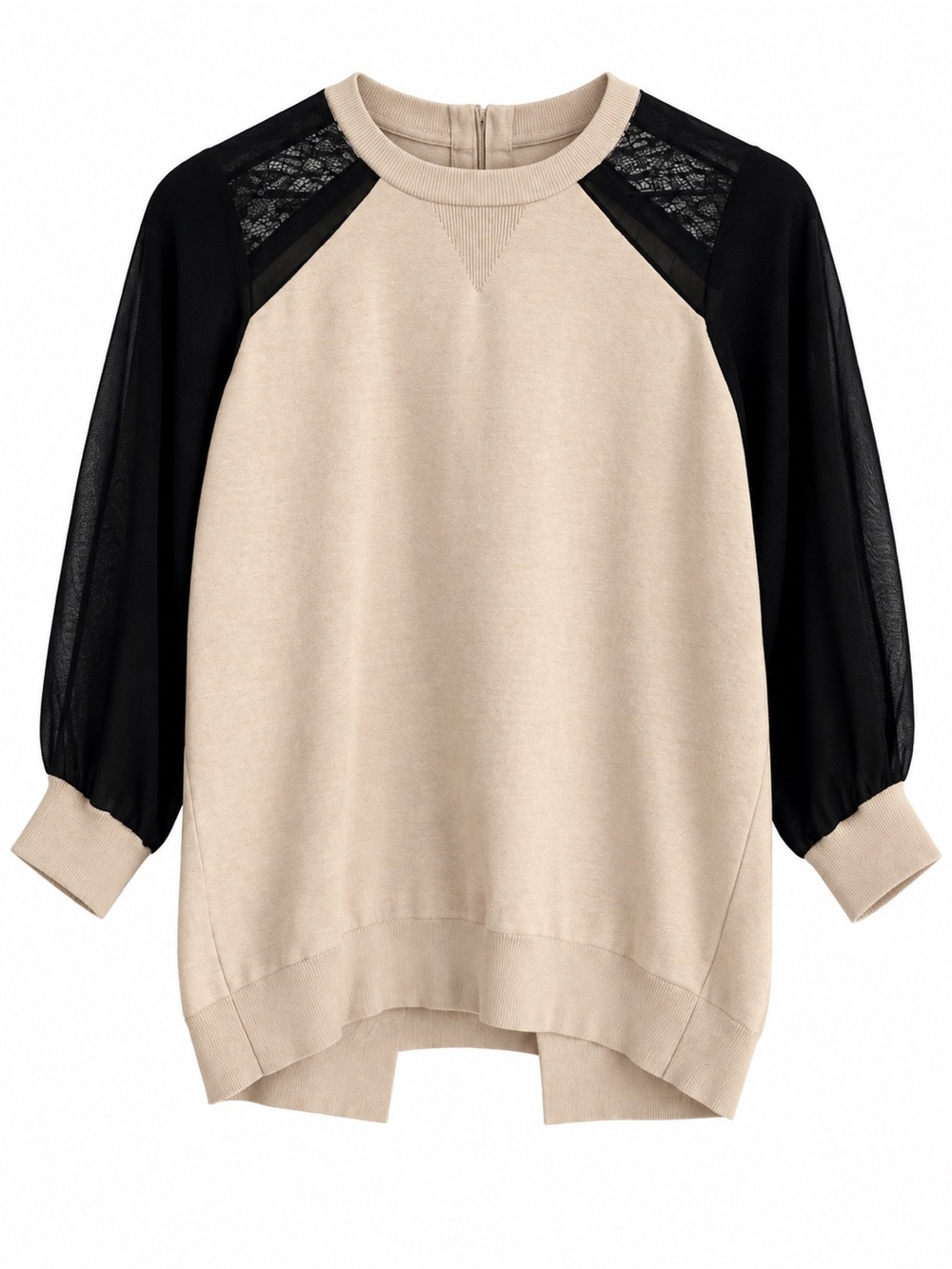 Karen Millen Beige Crewneck Sweater with Black Lace Insets